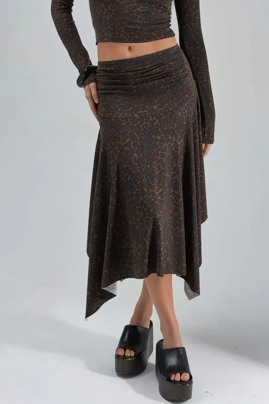 High Waist Leopard Print Asymmetrical Midi Skirt - Busem
