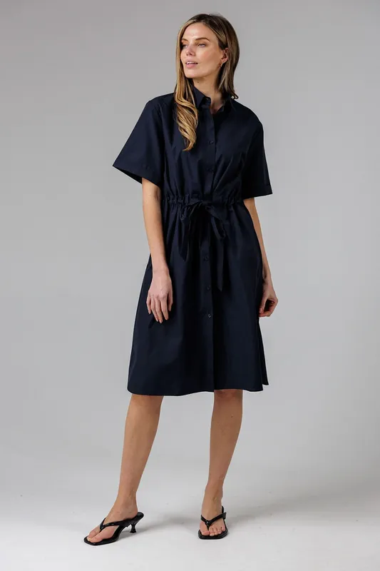 Cotton Blend Short Sleeve Tie Waist Poplin Midi Shirt Dress - French Connection