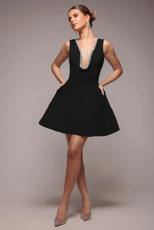 Diamante Embellished Neck A Line Mini Dress - Goddiva