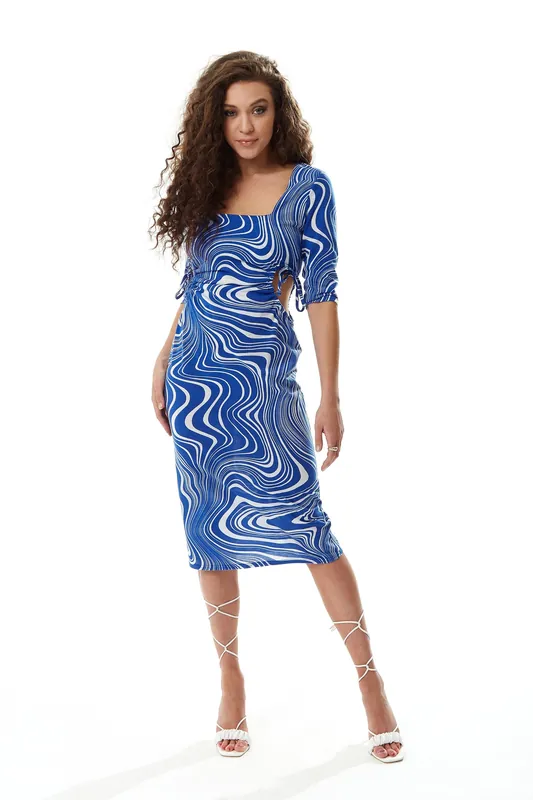 Marble Print Jersey Midi Dress with Cut Out Details in Blue - Liquorish