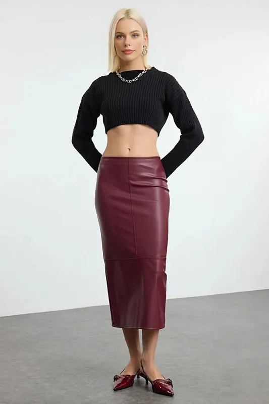 High Waist Faux Leather Pencil Midi Skirt with Slit - WOVCOR