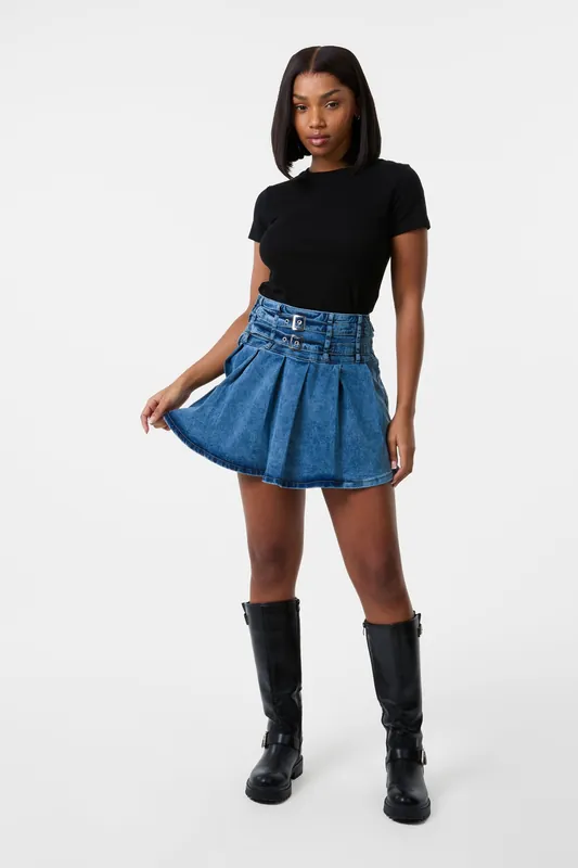 Light Blue Denim Double Belt Pleat Mini Skirt - Pink Vanilla