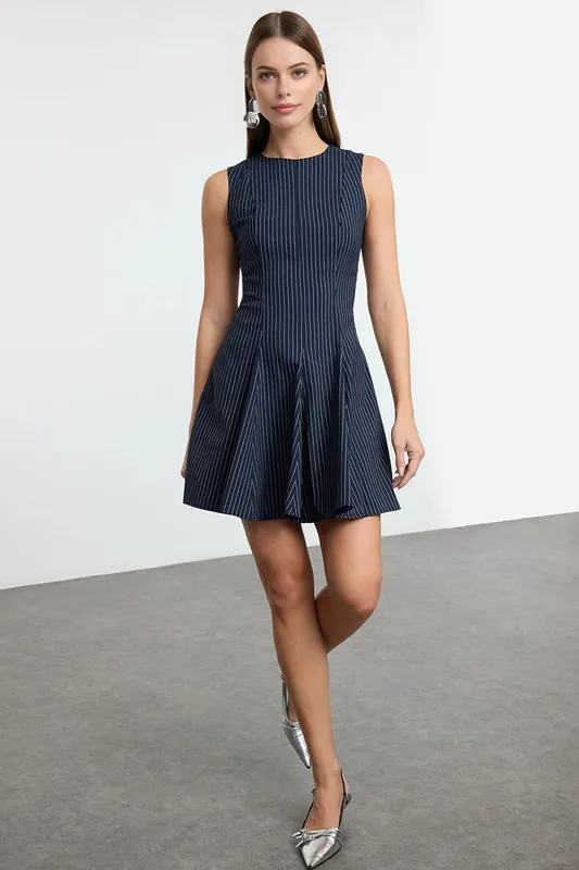 Pinstripe Sleeveless Fit & Flare Mini Dress - WOVCOR