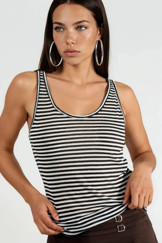 Striped Ribbed U Collar Camisole Top - Busem