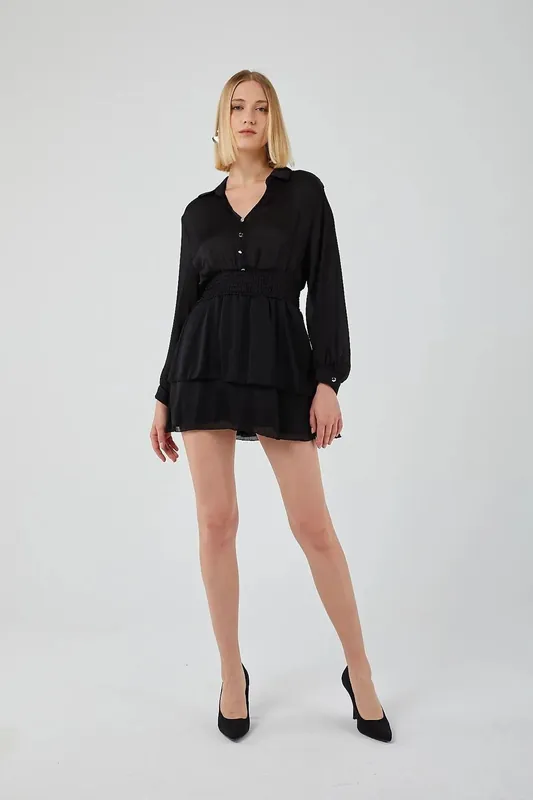 Mini V-Neck Buttoned Ruffle Dress