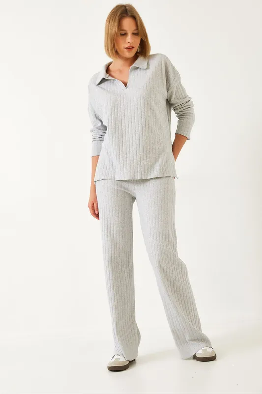 Polo Collar Long Sleeve Two-Piece Coord Set with Wide Leg Pants