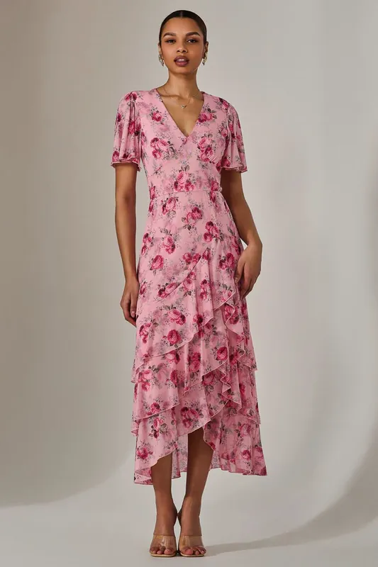 Mesh Print Frill Hem Midaxi Dress - Jolie Moi