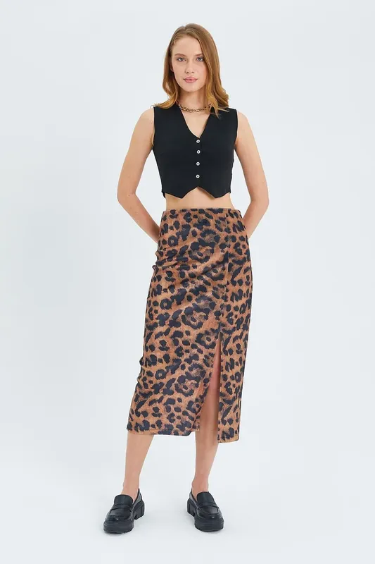 Leopard Print High Waist Midi Skirt with Slit - MixRay