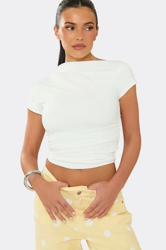 Short Sleeve Cowl Neck Ruched Crop Top - EGO