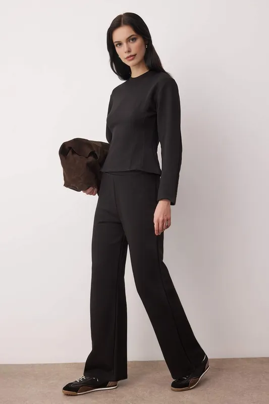 2 Piece Knitted Peplum Top and Straight Leg Trousers Set - WOVCOR