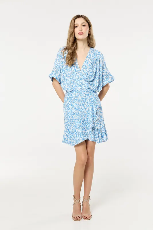 Blue Floral V-Neck Wrap Mini Dress