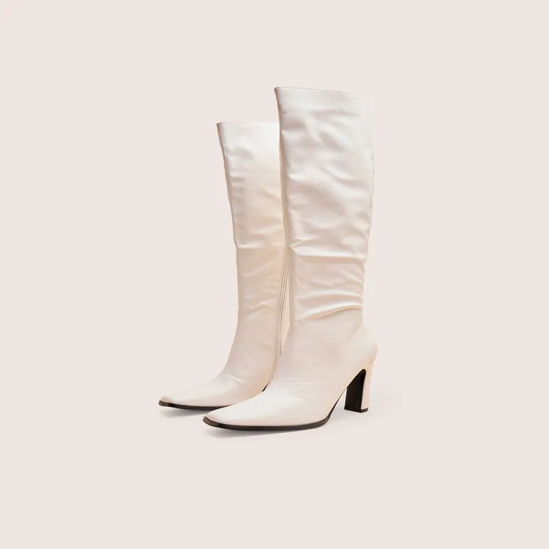 Acquilla White Knee High Flared Boots - Public Desire