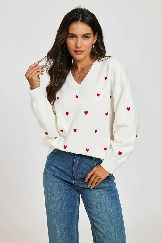 Embroidery Red Heart V Neck Jumper In Cream - FS Collection