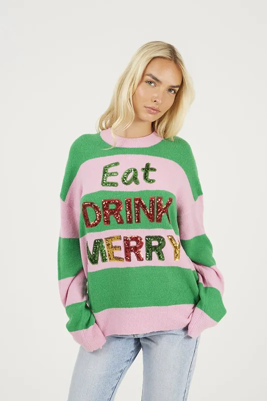 Sequin Slogan Stripe Christmas Jumper - Brave Soul
