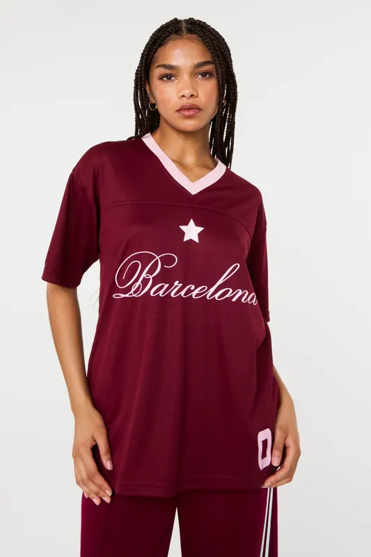 Dark Red Barcelona Football Sports Jersey Top - Pink Vanilla