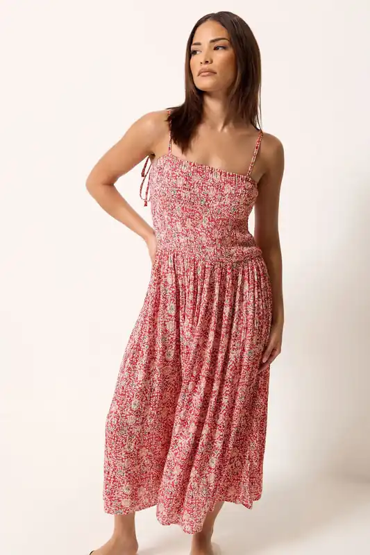 Petite Floral Shirred Linen Midi Dress - PixieGirl