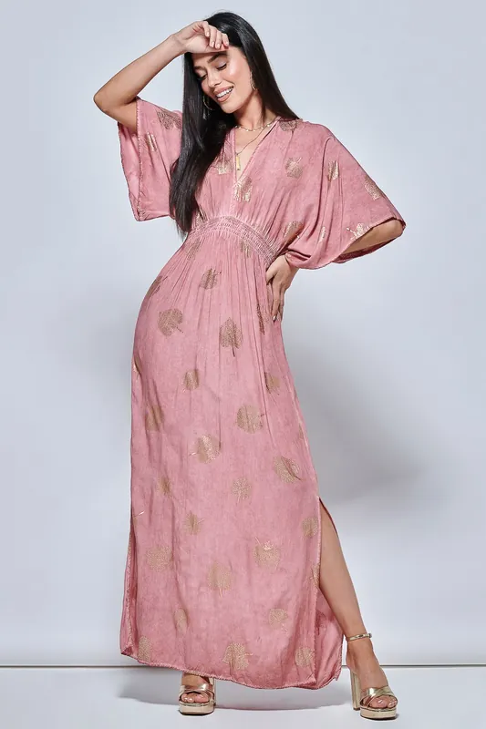 Printed Kimono Sleeve Holiday Maxi Dress - Jolie Moi