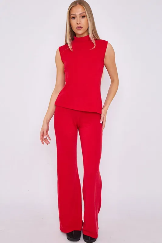 Woven Knit Asymmetric High Neck Sleeveless Top and Flared Trouser Co-o