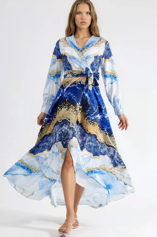 Abstract Print Long Sleeve Maxi Dress with Tie Detail - MSN Collection