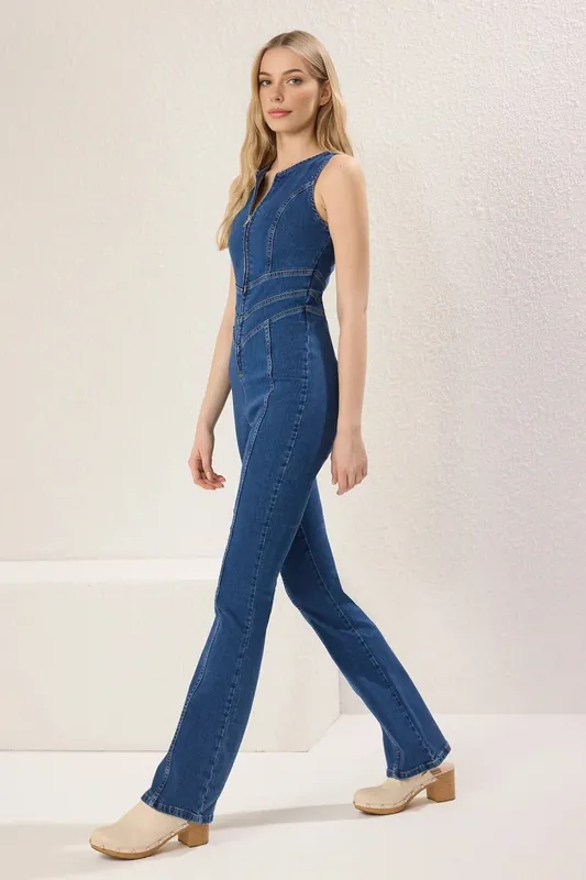 Round Neck Fitted Denim Jumpsuit - WOVCOR