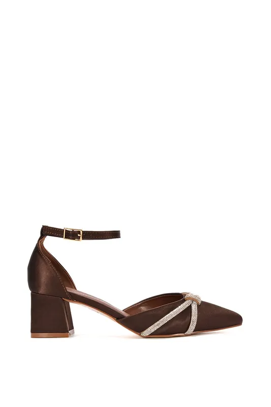 Sarah' Ankle Strap Pointed Toe Diamante Mid Block Heels - XY London