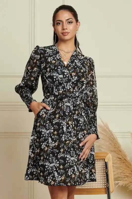Shirred Cuff Tie Waist Dress - Jolie Moi