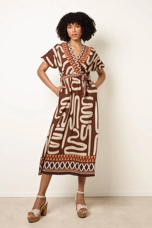 Brown Dress With Abstract Print - Blue Vanilla