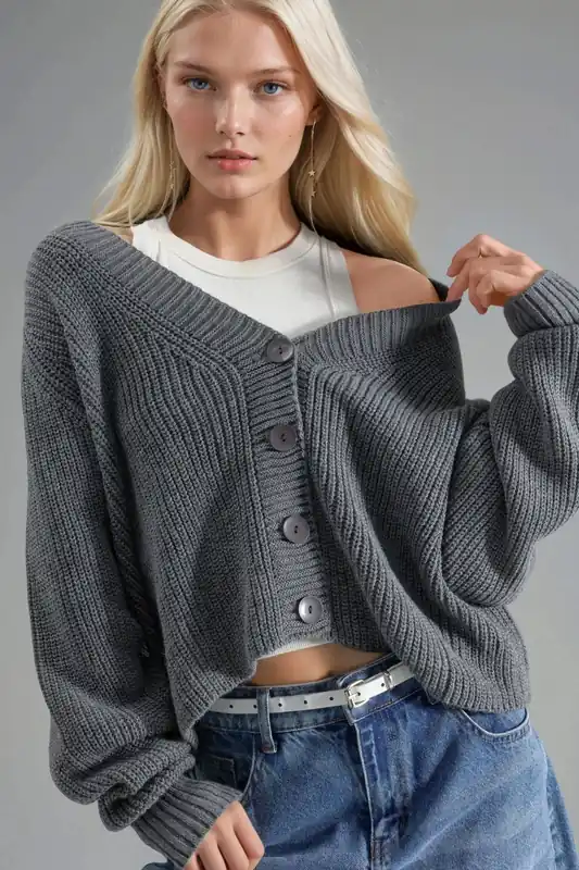 Ribbed Knit Button-Up Crop Cardigan