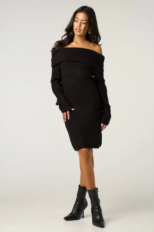 Black Bardot Neckline Ribbed Knit Mini Dress - Femme Luxe