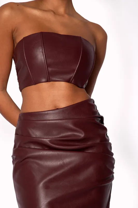 Lumea Burgundy Faux Leather Corset Bandeau Crop Top - Jaded Rose