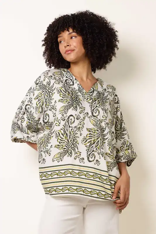 White Boxy Short Sleeve Printed Top - Blue Vanilla