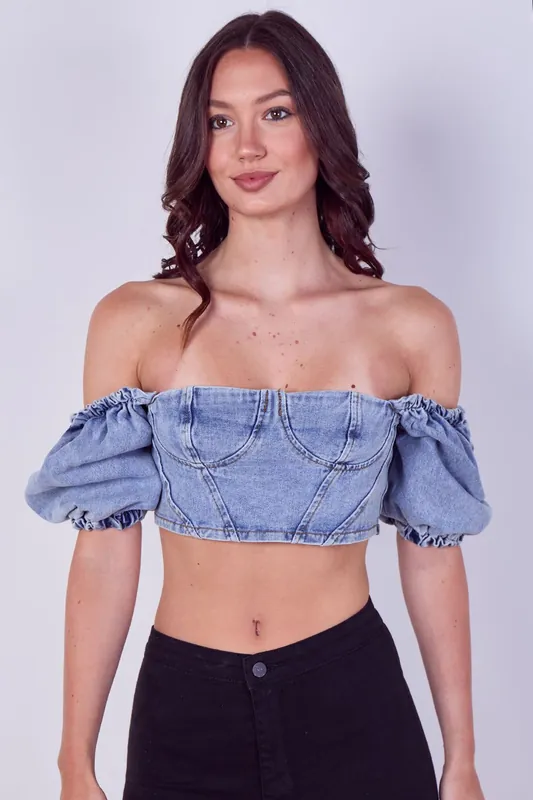 Denim Bardot Puff Sleeve Crop Top - ELAINA FASHION