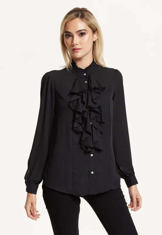 Black Ruffle Front Blouse - Liquorish
