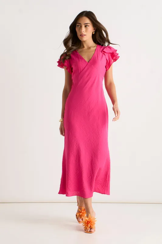 Pink V Neck Ruffle Bias Midi Dress - Gini London