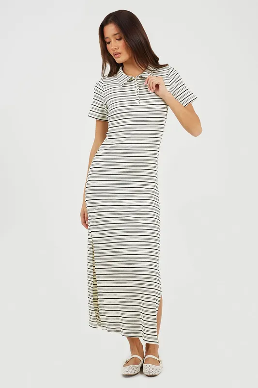 Striped Collared Maxi Dress With Split Detail - Brave Soul