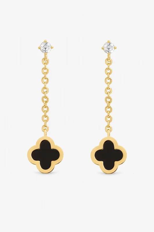 Gold Plated and Jet Clover Chain Drop Earrings - Jon Richard