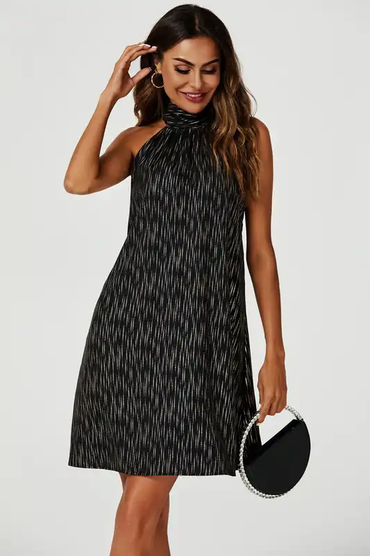 Gold Foil Halter Neck Tie Back Mini Dress In Black - FS Collection