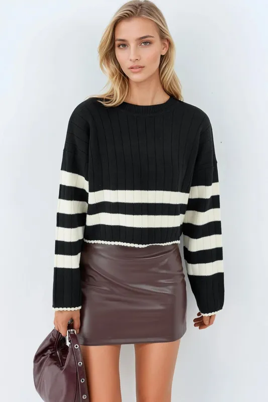 Striped Ribbed Knit Sweater with Crew Neck - MyFashion