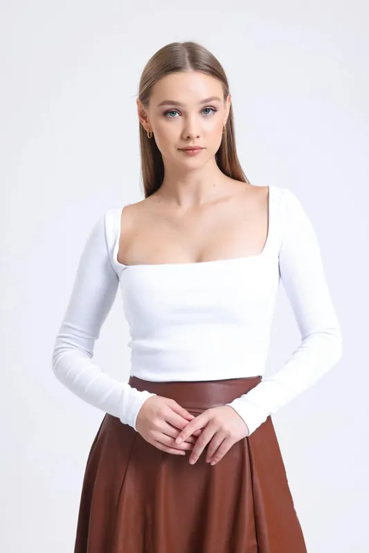 Square Neck Ribbed Long Sleeve Basic Top - Hiccup