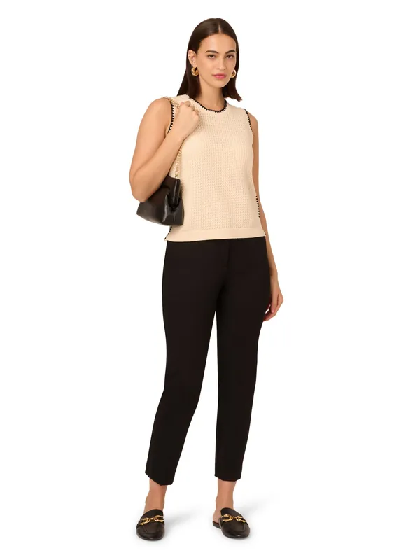 Sleeveless Contrast Whipstitch Open Weave Crew Neck Sweater - Adrianna Papell