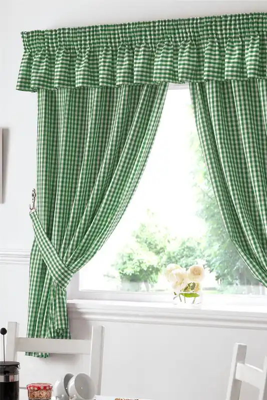 Gingham Green Checkered Taped Curtains With Tie Backs - Alan Symonds