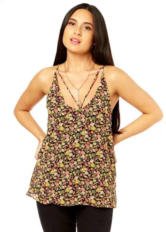 Black Floral Print Cami Top - Gini London