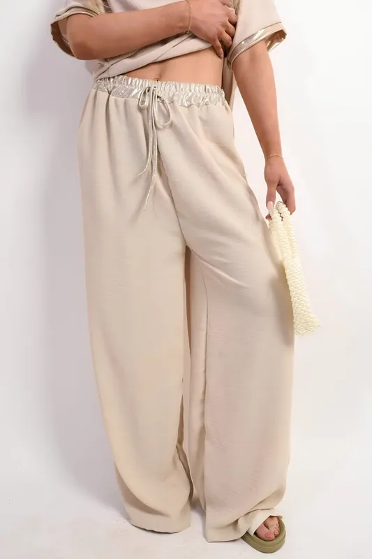 Marina Drawstring Shiny Waist Wide Leg Trouser - IKRUSH