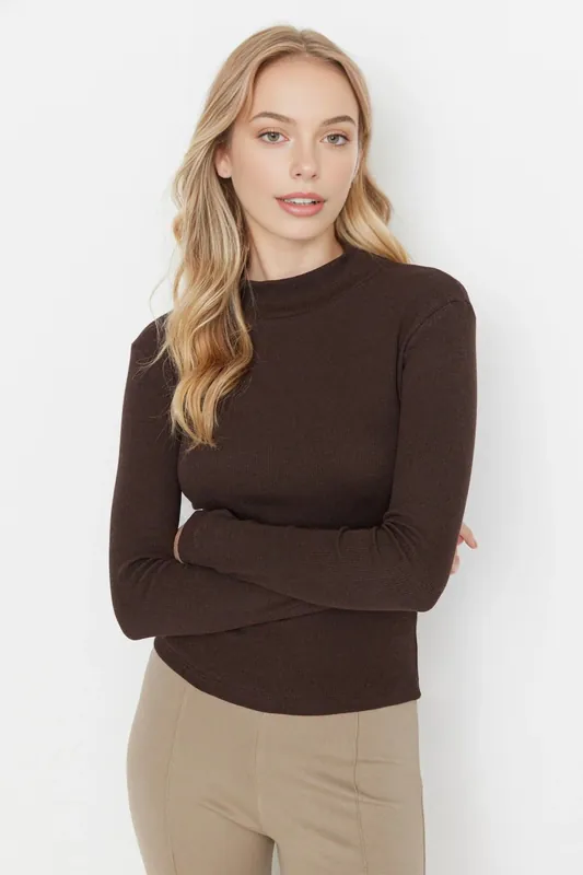 Fitted Stand Collar Long Sleeve Ribbed Knit Blouse - WOVCOR