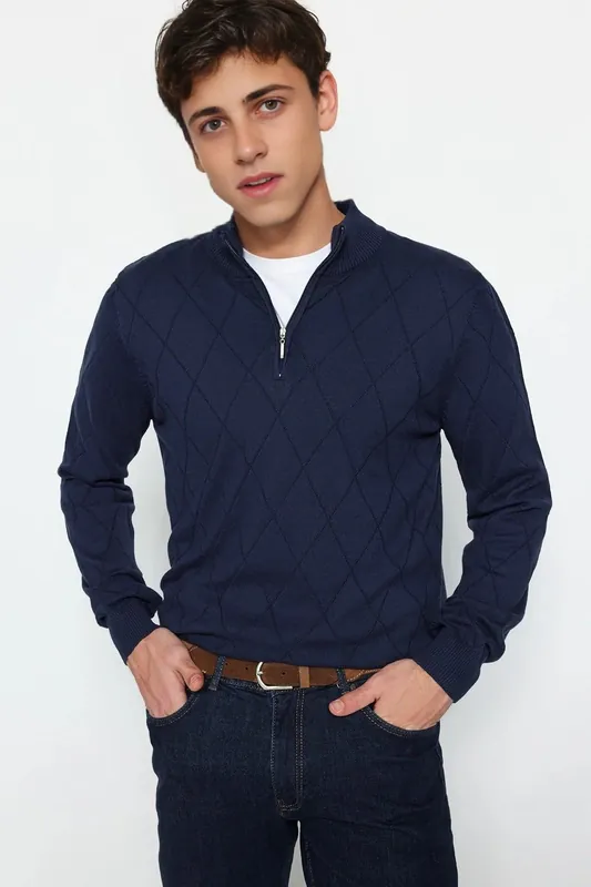 Men’s Slim Fit Half Zip Funnel Neck Knit Sweater - WOVCOR
