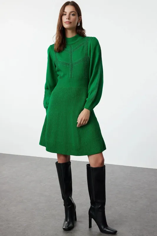 Mini Lace Knit Dress With High Neck Detail - WOVCOR