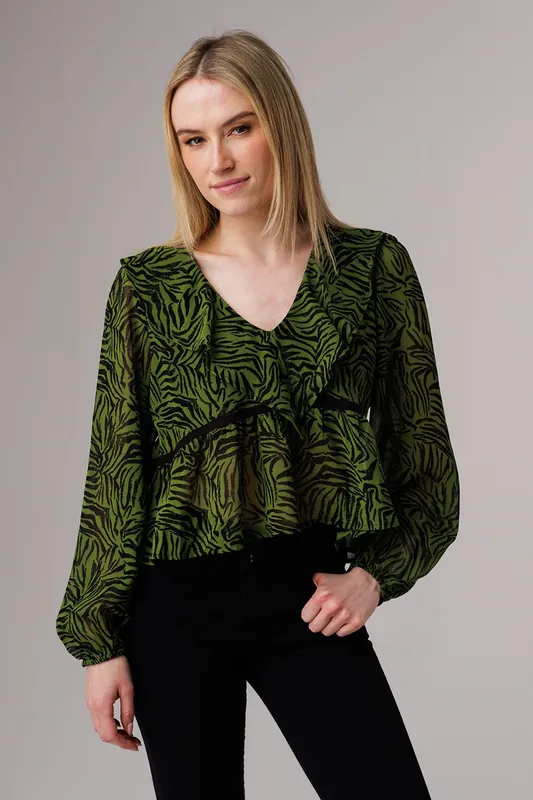 Animal Print Ruffle V-Neck Long Balloon Sleeve Blouse