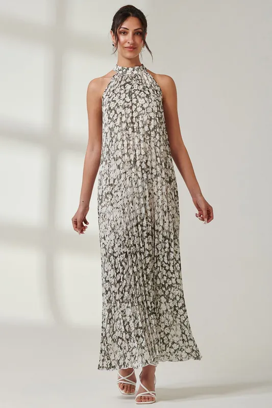 Abstract Halter Neck Pleated Maxi Dress - Jolie Moi