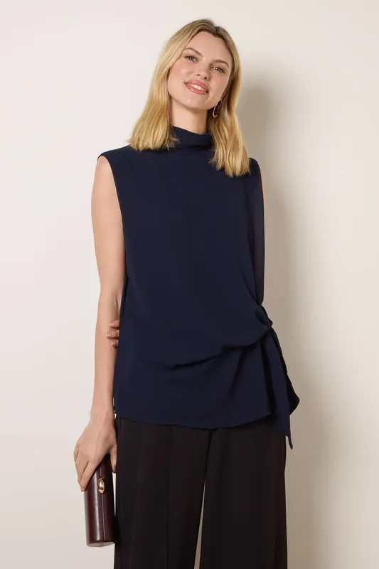 Navy Sleeveless Cowl Tie Front Chiffon Blouse - Blue Vanilla