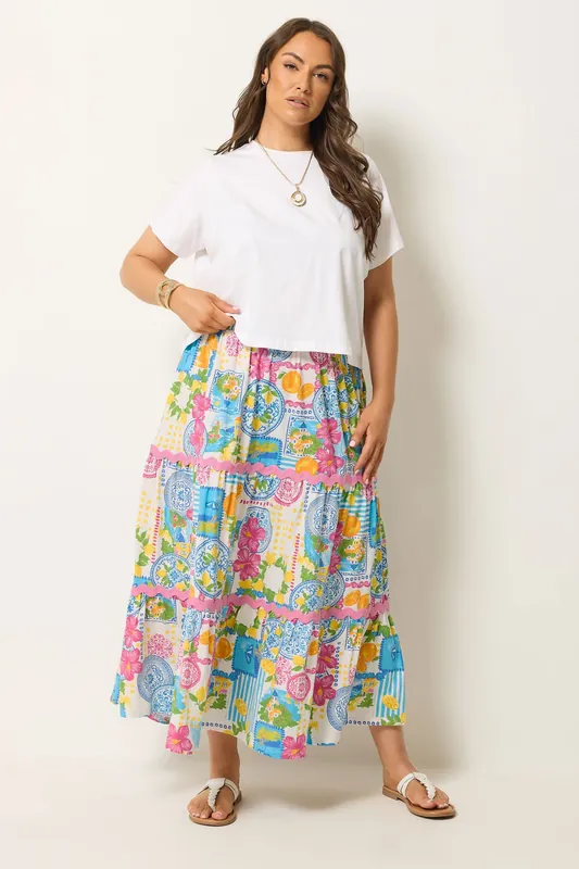 Tile Print Tiered Maxi Skirt - Yours